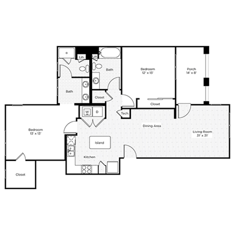 Floor plan for 2 beds, 2 baths, 1209 sqft